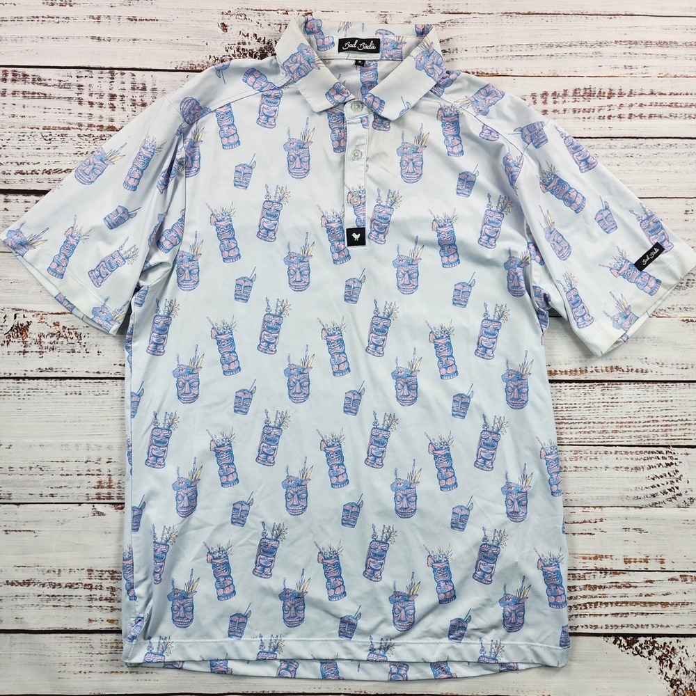 Bad Birdie Tiki Time Golf Polo Shirt Mens Medium Blue Pink Tropical Performance